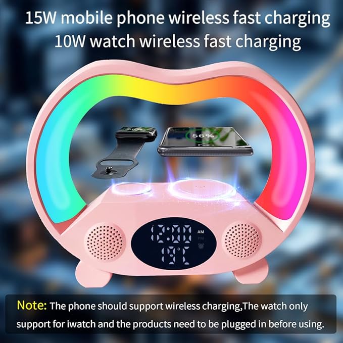 IHAO 6in1 Wireless Charging Station with Bluetooth Speaker Time&ampTemperature Display Alarm Clock 7-Color LED Night Lights Fast Charger for Phone Apple Watch Earbuds Remote Control Auto Shutoff-Pi