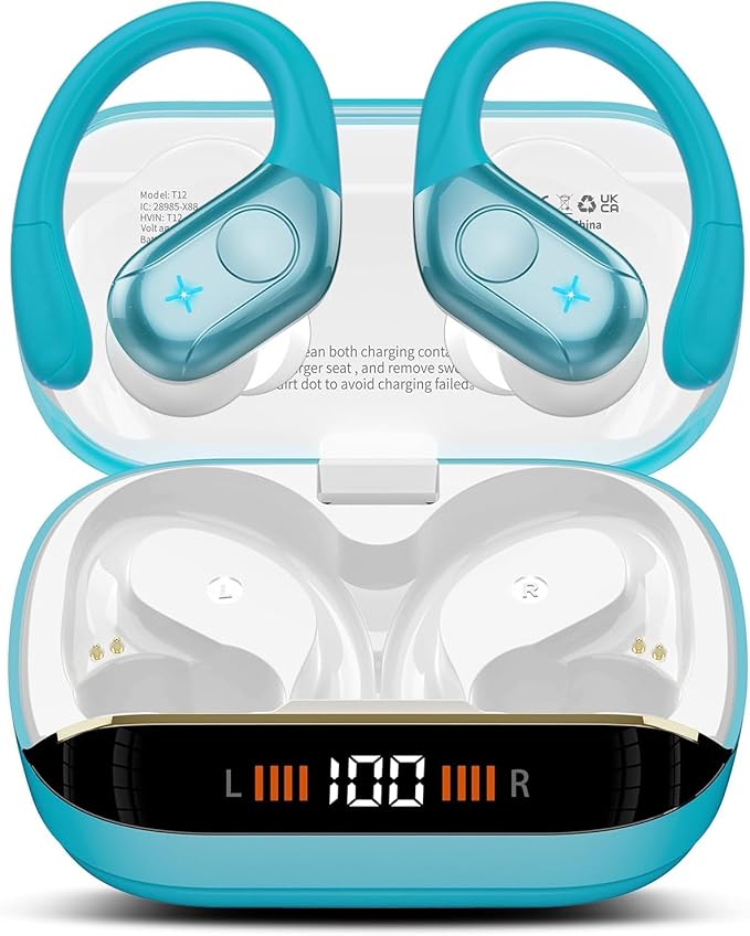 Wireless Earbuds Bluetooth 5.4 Headphones 75H Stereo Deep Bass Sports Over Ear Buds with Earhooks LED Display Bluetooth Earbuds with 4 ENC Mic IP7 Waterproof Earphone for Running Blue