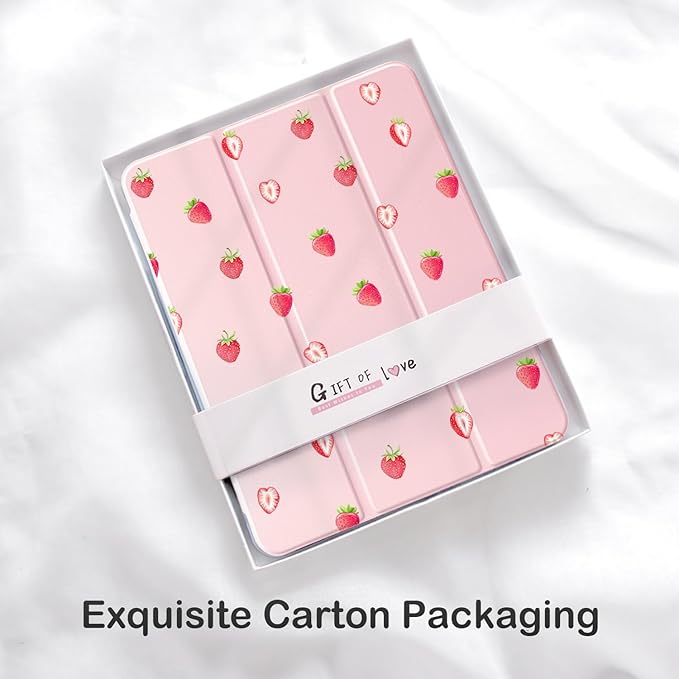 Cute Kawaii Strawberry for iPad 7th/8th/9th Generation Case 10.2 Inch 2019/2020/2021 with Pencil Holder Auto Sleep/Wake Pink Leather Acrylic Back Cover
