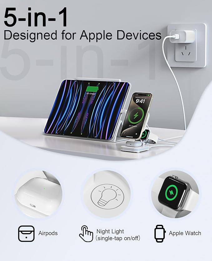 5-in-1 Magnetic Wireless Charging Stand for Apple MagSafe Charger with Night Light for iPhone 17/16/15/14/13/12 Watch AirPods Travel Magnetic Charger Nightstand Charging Station (Adapter Included)