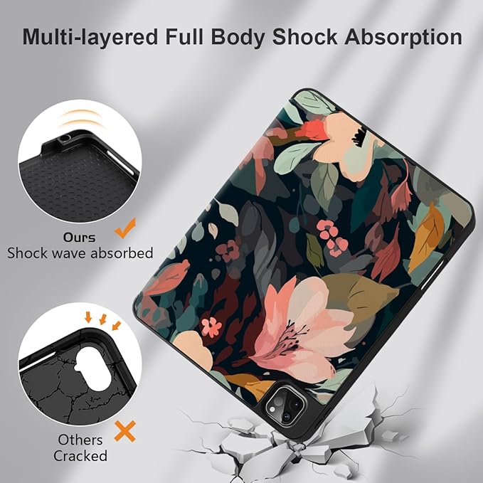 DONGKE Case for 2022/2021/2020/2018 iPad Pro 11 inch Gen 4/3/2/1 - Slim Protective Case - Built in Pencil Holder Support Charging - Trifold Stand &amp Sleep/Wake Cover - Painted Florals