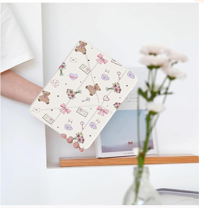 Cute Kawaii Bear Bunny for iPad Air 11 Inch Case 7th/6th Generation (M3/M2) 2025/2024 with Pencil Holder Auto Sleep/Wake White Leather Acrylic Back Detachable Cover