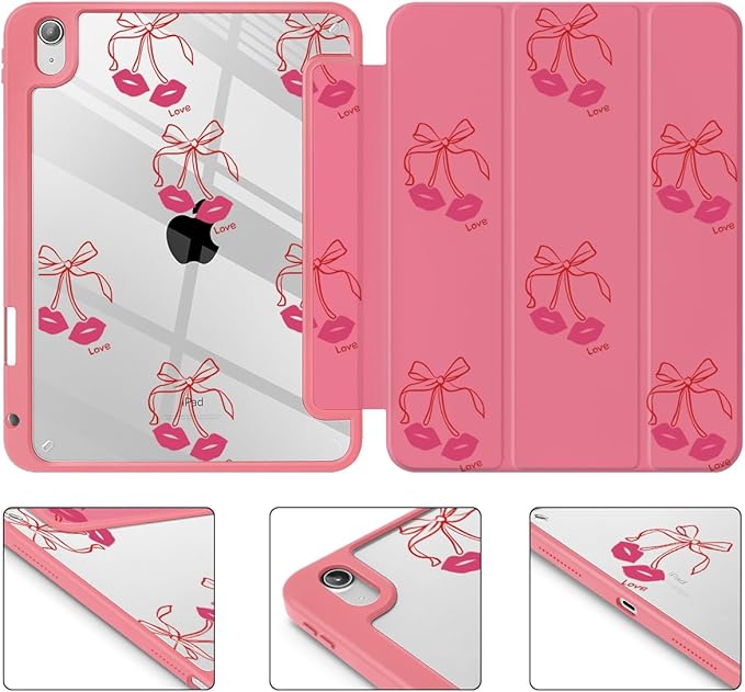 Tuiklol Case for iPad 11 inch (A16 Chip) 2025 Gen 11th / iPad 10.9 inch 2022 10th Gen Buit in Pencil Holder with Shockproof Cover Clear Transparent Back Shell Auto Wake/Sleep Cherry-Kisses