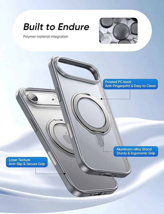 MAGIC JOHN 360° Rotatable Magnetic Invisible Stand for iPhone 17 Air Case [Camera Control Button] [Compatible with MagSafe] 16FT Shockproof for iPhone 17 Air Case with Kickstand Gray