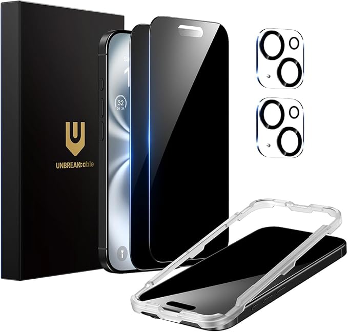 UNBREAKcable Privacy Screen Protector for iPhone 16 Plus (6.7-Inch) 2-Pack + 2 Lens Protectors｜25° Anti-Spy｜9H Hardness｜Anti-Fingerprint｜HD Clarity Tempered Glass