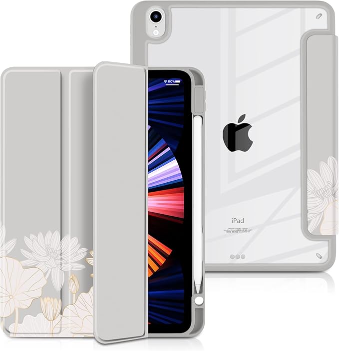 Batianda Hybrid Case for New iPad 11 2025 A16 Chip/iPad 10 2022 10.9-inch [Built-in Pencil Holder] Shockproof Cover with Clear Transparent Back Shell TPU BumperAuto Sleep/Wake Golden Lotus