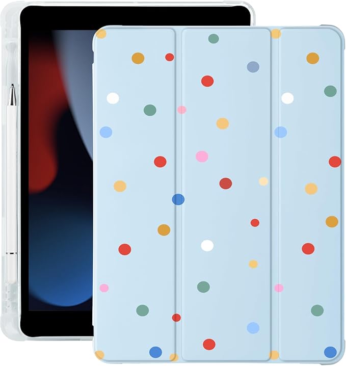 Cute Kawaii Polka Dot for iPad 5th/6th Generation Case with Pencil Holder Auto Sleep/Wake Blue Leather Soft TPU Back Cover for iPad 9.7 Inch