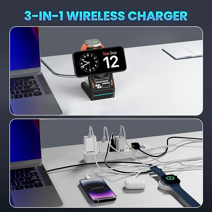 JoyGeek 3-in-1 Wireless Charging StationCharger Stand for iPhone 15/14/13/12 Series Fast Magnetic Charging Dock for Watch Ultra 2/9/8/7/6/SE/5/4/3/2AirPods Pro 3/2
