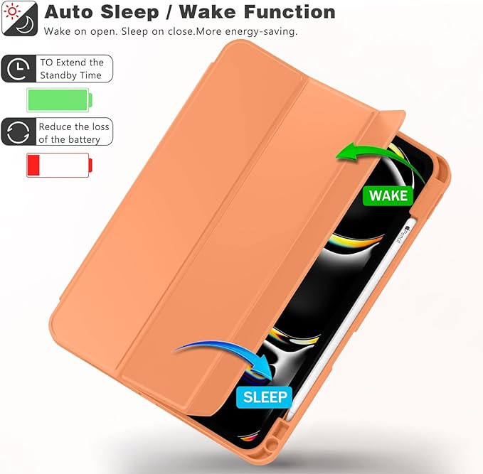 ZryXal iPad Pro 11 Inch Case (M5) 2025/ (M4) 2024 (Model: A2836/A2837/A3006) Trifold Stand Smart Cover with Pencil Holder and Soft TPU Back Auto Wake/Sleep (Orange)