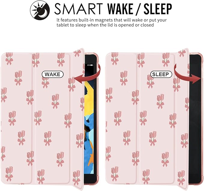 JOYLAND Tulip Pad Case - Pink iPad 5/6 Gen Folio with Pencil Holder &amp Auto Wake/Sleep