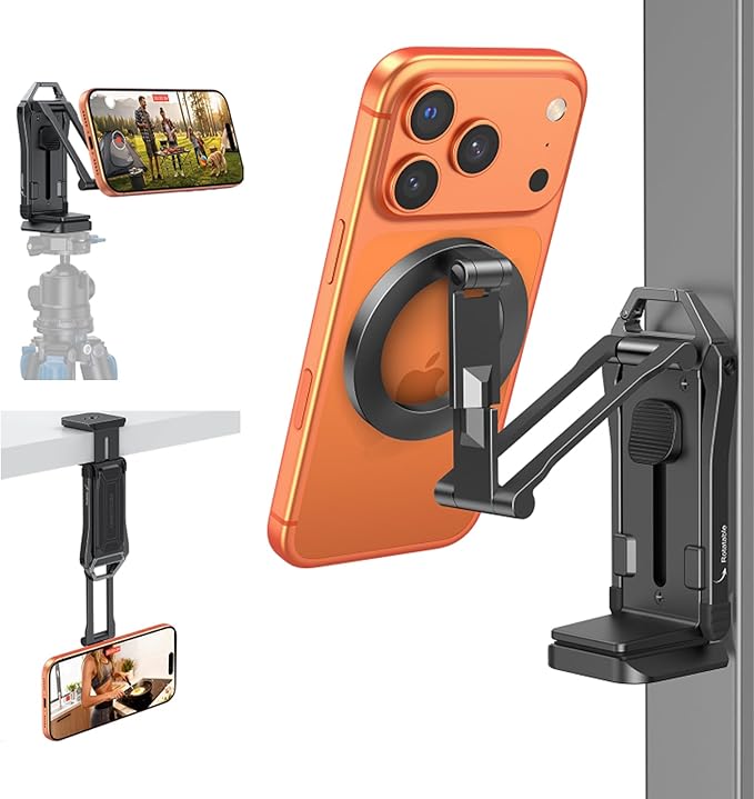 OMOTON TP02-Pro Magnetic Phone Holder for Vlogging Content Creator Essentials with 1/4 Screw Arca Strong Back Magnet for Gym Adjustable Phone Stand &amp Selfie Stick for iPhone 12-17 Series Bla