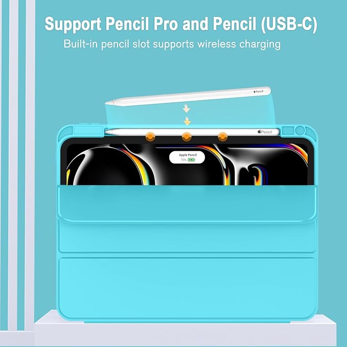 ZryXal iPad Pro 11 Inch Case (M5) 2025/ (M4) 2024 (Model: A2836/A2837/A3006) Trifold Stand Smart Cover with Pencil Holder and Soft TPU Back Auto Wake/Sleep (Cyan)