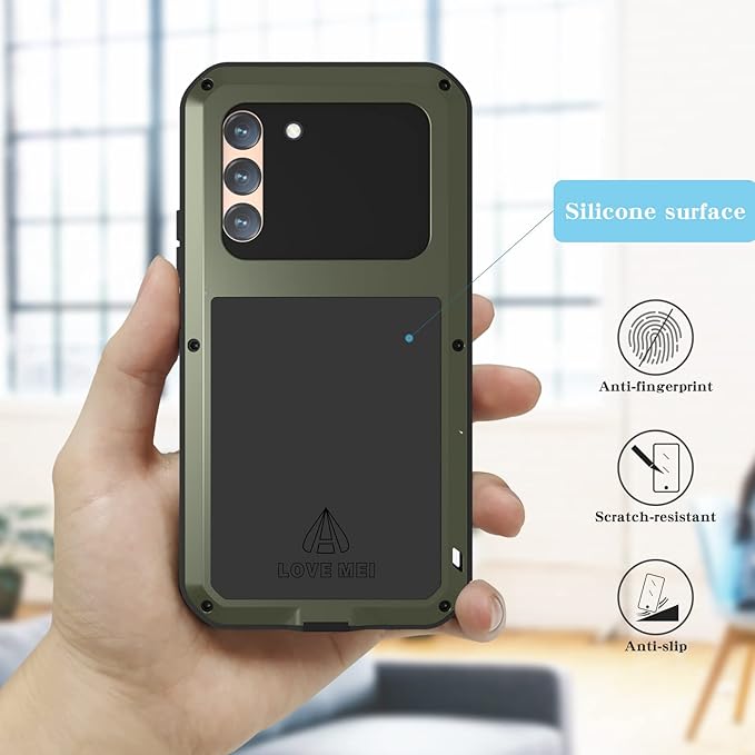 LOVE MEI Military Rugged Case for Samsung Galaxy S22 Plus 5G with Tempered Glass Screen Protector Shockproof DustproofHybrid Metal and Silicone Gel Heavy Duty Full Body Cover for S22 Plus (Green)