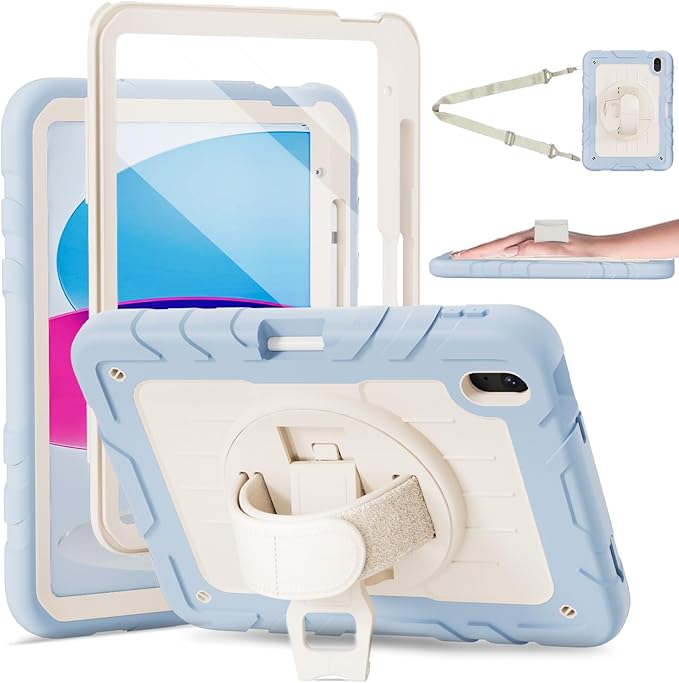 Case for iPad 10th Generation 10.9inch 2022with Built-in Screen Protector and KickstandHand StrapShoulder Strap for New Apple iPad 10.9 Inch(Blue/Beige)