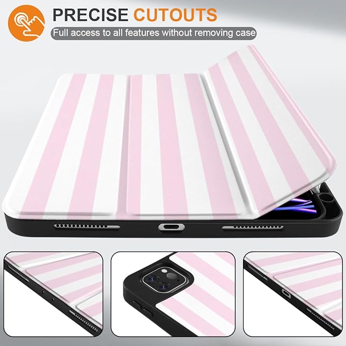 DONGKE Case for 2022/2021/2020/2018 iPad Pro 11 inch Gen 4/3/2/1 - Slim Protective Case - Built in Pencil Holder Support Charging - Trifold Stand &amp Sleep/Wake Cover- Pink Stripes