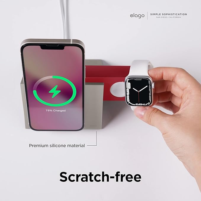 elago Charging Station Compatible with iPhone 17/16/15/14/13/12 Series Compatible with MagSafe Compatible with Apple Watch Series - Chargers are NOT Included [Stone/Red]