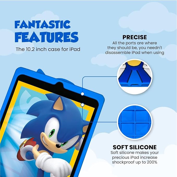 Sonic The Hedgehog Silicone Back Case Compatible with iPad 9th/8th/7th Gen (2021/2020/2019) Anti-Slip Soft Rubber Protective Cover (Sonic Design)