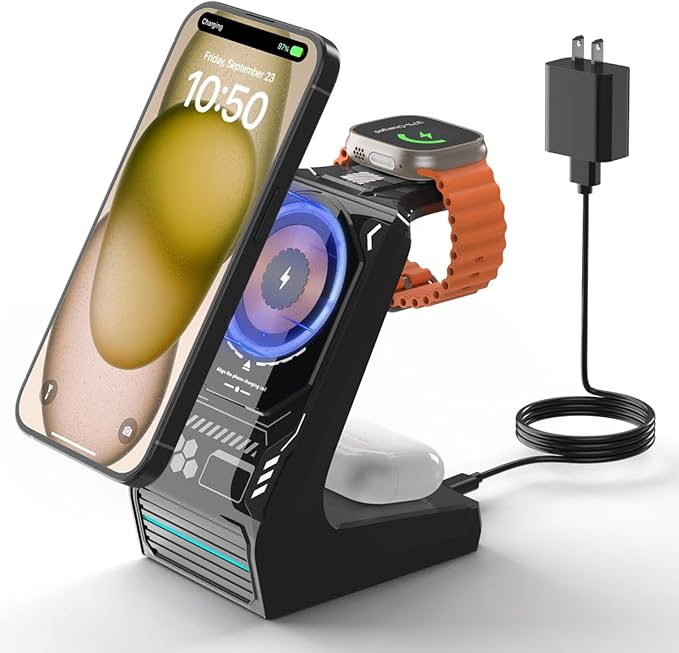 JoyGeek 3-in-1 Wireless Charging StationCharger Stand for iPhone 15/14/13/12 Series Fast Magnetic Charging Dock for Watch Ultra 2/9/8/7/6/SE/5/4/3/2AirPods Pro 3/2