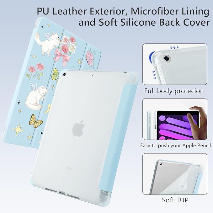 Cute Kitten Cat Butterfly for iPad Pro 11 Inch Case 4th/3rd/2nd Generation 2022/2021/2020 with Pencil Holder Auto Sleep/Wake Blue Leather Soft TPU Back Cover