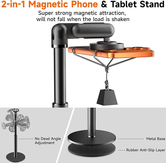 360° Rotating Magnetic Phone Stand for MagSafe 2 in 1 Adjustable Tablet Stand &amp Cell Phone Stand Aluminum Phone Holder for Desk Compatible iPhone 17 16 15 14 13 12 Pro Max and IPad Black