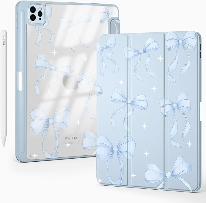Cute Blue Ribbon Bow for iPad Pro 11 Inch Case (M5/M4) 2025/2024 with Pencil Holder Auto Sleep/Wake Blue Leather Clear Acrylic Back Cover