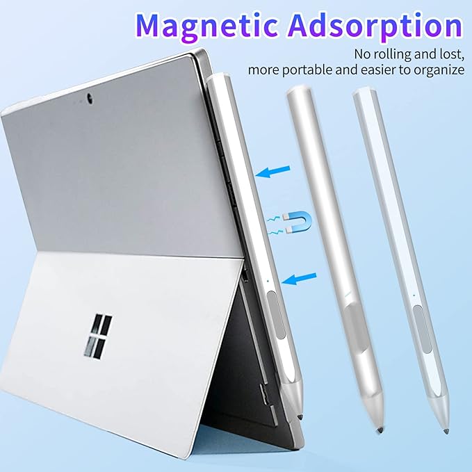 Stylus for Microsoft Surface Pro9/8/7/6/5/4/3/X Surface Laptop/Book/Studio Surface 3/Go/Go2/Go3 4096 Pressure Sensitivity Magnetic Attachment USB Charging Palm Rejection Function Silver