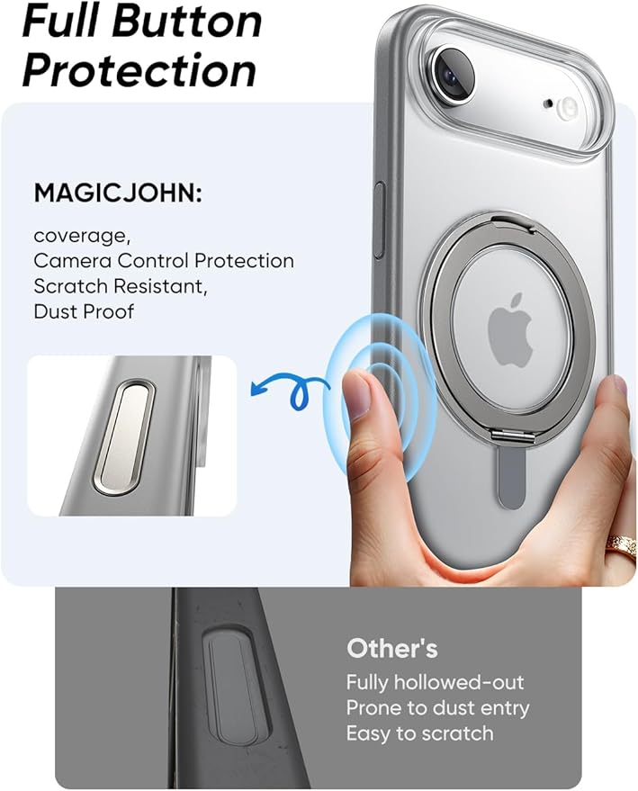 MAGIC JOHN 360° Rotatable Magnetic Invisible Stand for iPhone 17 Air Case [Camera Control Button] [Compatible with MagSafe] 16FT Shockproof for iPhone 17 Air Case with Kickstand Gray