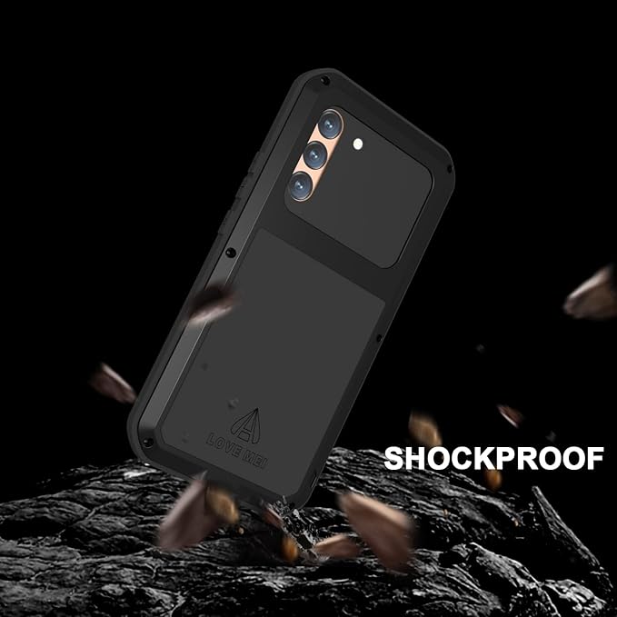 LOVE MEI Military Rugged Case for Samsung Galaxy S22 Plus with Tempered Glass Screen Protector Shockproof Dustproof Scratch Proof Hybrid Metal and Silicone Gel Heavy Duty Full Body Cover Black