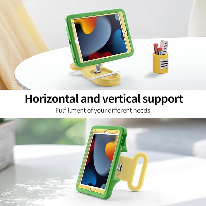 Kids Case for iPad 9th Gen 2021/ iPad 8th Gen 2020/ iPad 7th Gen 2019 Adjustable Portrait/Landscape Stand Drop Proof with HandleChild Friendly Cover for iPad 10.2 Inch (GreenYellow)