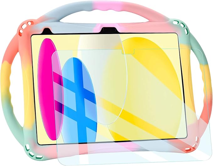 TopEsct Kids Case for iPad (A16) 11th Gen 11 2025 iPad 10th Gen 10.9 2022 with Tempered Glass Screen Protector Silicone Shockproof Case Comes with Strap (Rainbow)