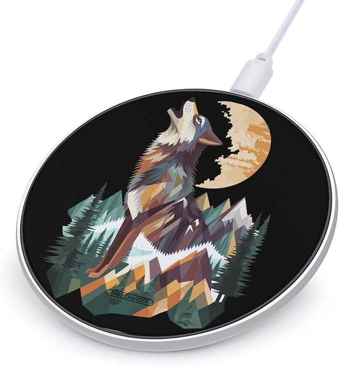 Geometric Art Wolf Mountains Phone Charger Magnetic Charging Pad Anti-Slip with USB Cable