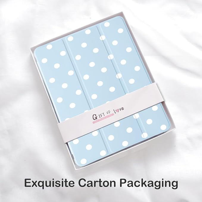 Cute White Polka Dot for iPad Pro 13 Inch Case (M5/M4) 2025/2024 with Pencil Holder Auto Sleep/Wake Blue Leather Soft TPU Back Cover