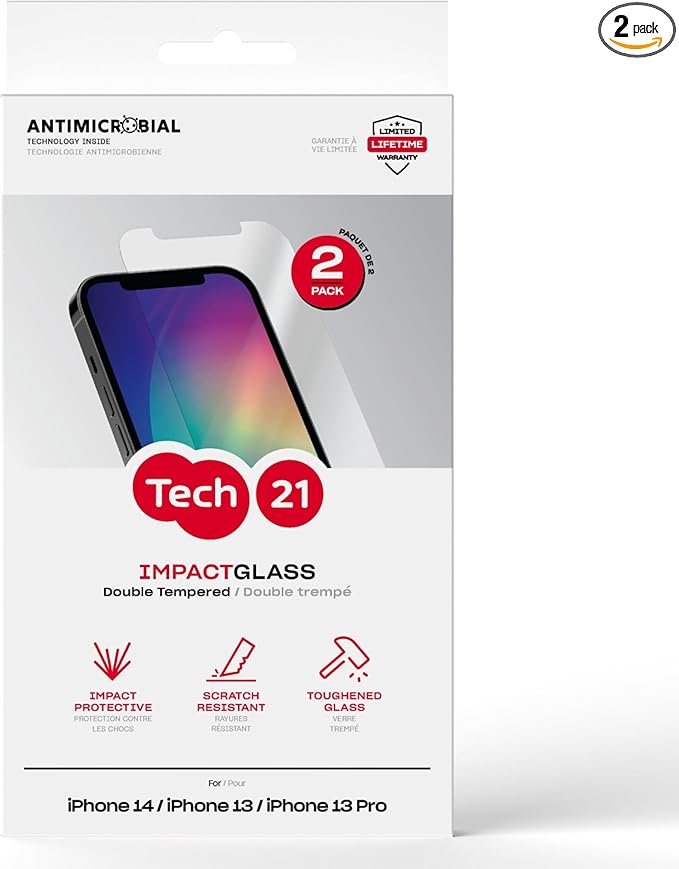 Tech21 Impact Glass Screen Protector for iPhone 14 - Pack of 2