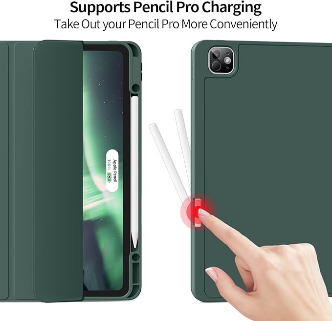 for iPad Pro 13 inch Case (M5/M4) 2025/2024 Slim Protective Cover with Pencil Holder Soft TPU Back Cover Trifold Stand Auto Wake/Sleep A2925 A2926 A3007 A3362 A3359 (Dark Green)
