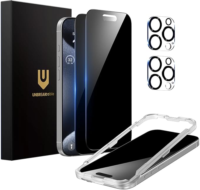 UNBREAKcable Privacy Screen Protector for iPhone 15 Pro Max (6.7-Inch) 2-Pack + 2 Lens Protectors｜25° Anti-Spy｜9H Hardness｜Anti-Fingerprint｜HD Clarity Tempered Glass