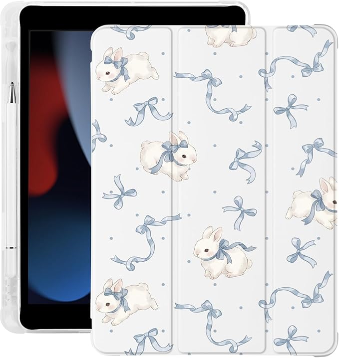 Cute Kawaii Bunny Bow for iPad Air 3 Case with Pencil Holder Auto Sleep/Wake White Leather Soft TPU Back Cover for iPad Pro 10.5 Inch 2017