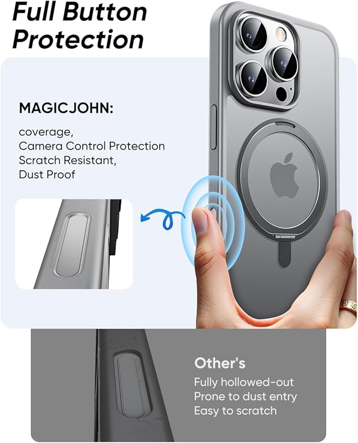 MAGIC JOHN 360° Rotatable Magnetic Invisible Stand for iPhone 16 Pro Max Case [Camera Control Button] [Compatible with MagSafe] 16FT Shockproof for iPhone 16 Pro Max Case with Kickstand Gray