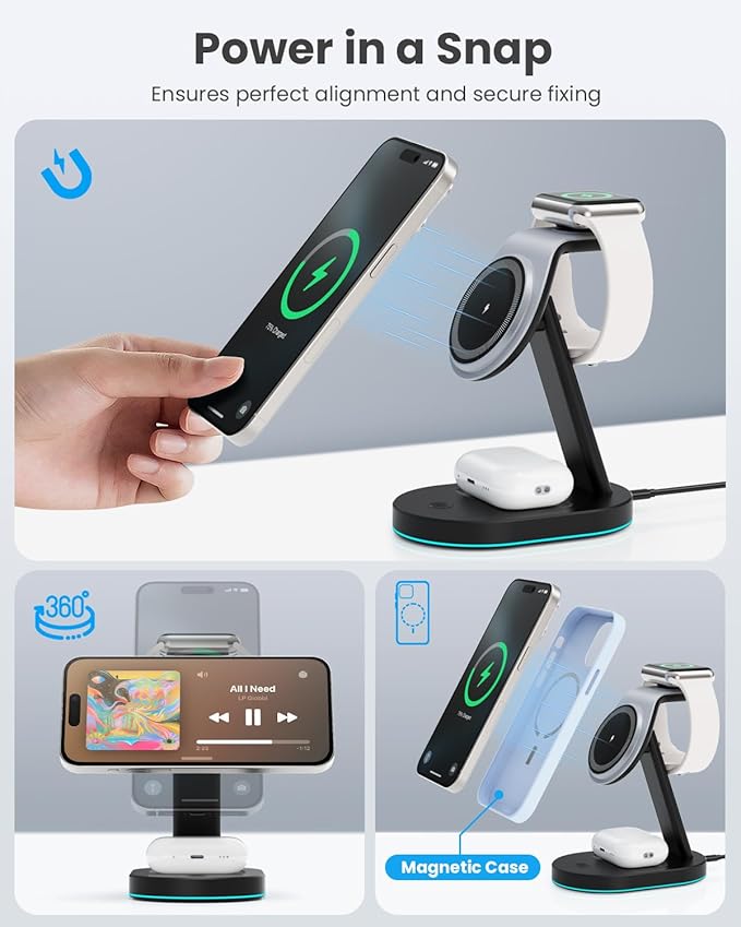 3 in 1 Wireless Charger Charging Station for iPhoneQi2 Certified 15W Magnetic Charging Stand for Mag-Safe with 30W USB C Adapter&ampFriendly Night Light for iPhone 17/16/15/14/13/12Apple WatchAirP