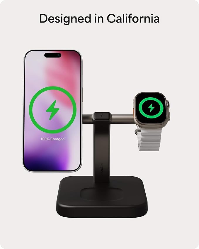 Mophie 3-in-1 Wireless Charging Stand - Qi2-Certified MagSafe Charger for iPhone Apple Watch &amp AirPods – Fast Charging Station with Adjustable Phone Stand &amp Cable Management – Up to 15W Powe