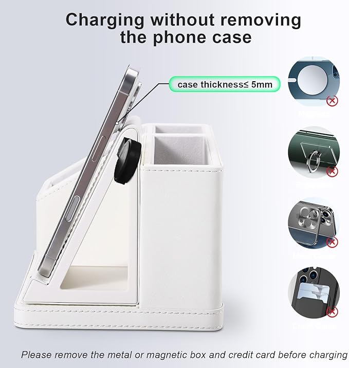 White Leather Desk Organizer with Wireless Charger – 3-in-1 Charging Station for Phone Watch &amp Earbuds 4-Compartment Remote &amp Office Supplies Caddy for Home Office Gifts for Women &amp Men