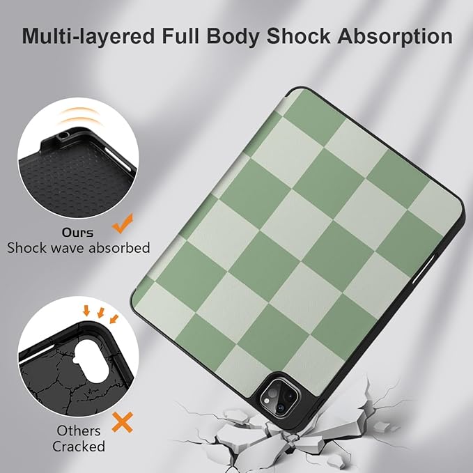 MEEgoodo for iPad Pro 12.9 Case M2 6th/5th/4th/3rd Generation 2022 2021 2020 2018 with Pencil Holder Tablet Cover with Soft TPU Back Shell Green Checkered