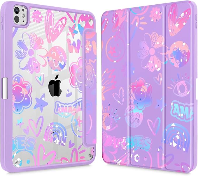 Tuiklol for iPad Pro 11 Inch (M5 2025 / M4 2024) Case Buit-in Pencil Holder with Slim Clear Back Cover Protection Trifold Stand-Auto Wake/Sleep Tablet Case Black Flower Fun Emotions