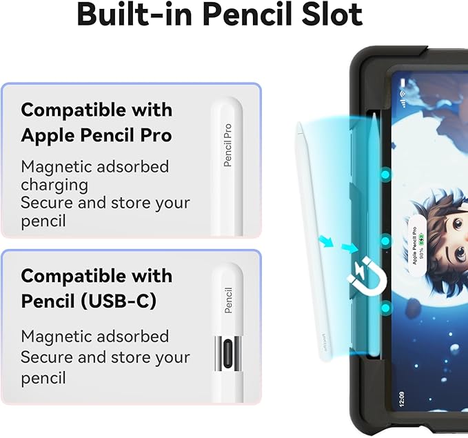 ACEMO for iPad Air 13 inch Case M3 2025 &amp iPad Air 13 inch Case M2 2024 with Pencil Holder 360° Rotating Kickstand Handle Shoulder Strap for Kids Girls Heavy Duty Protective Cover Black