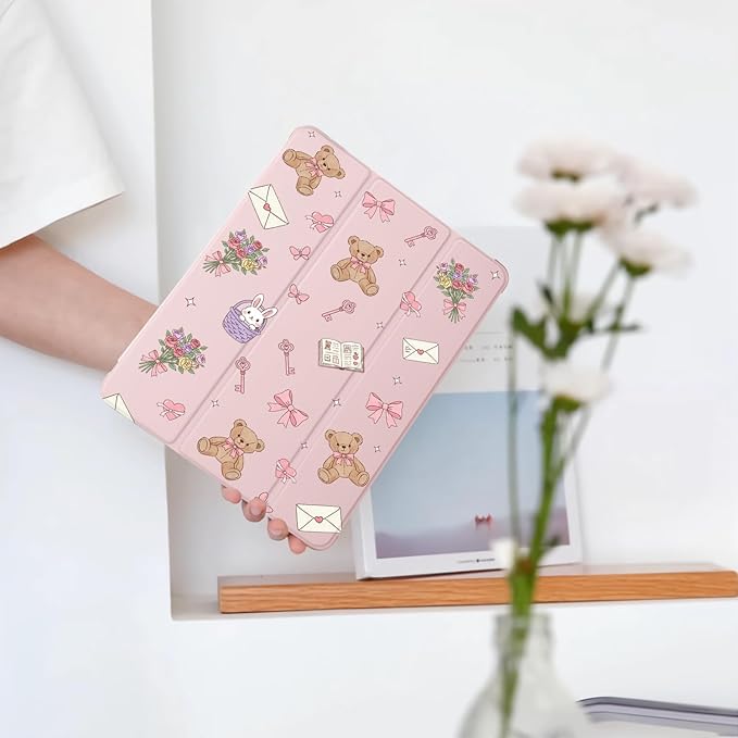 Cute Kawaii Bear Bow for iPad mini 7 A17 Pro 2024/iPad Mini 6 Case with Pencil Holder Auto Sleep/Wake Pink Leather Soft TPU Back Cover