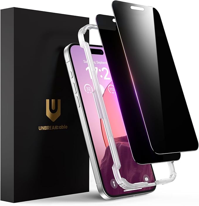 UNBREAKcable Privacy Screen Protector for iPhone 16 Full Coverage Shatterproof Tempered Glass [True 28°Anti Spy] [9H Hardness] [Easy Installation Frame] 2-Pack Private Screen for iPhone 16