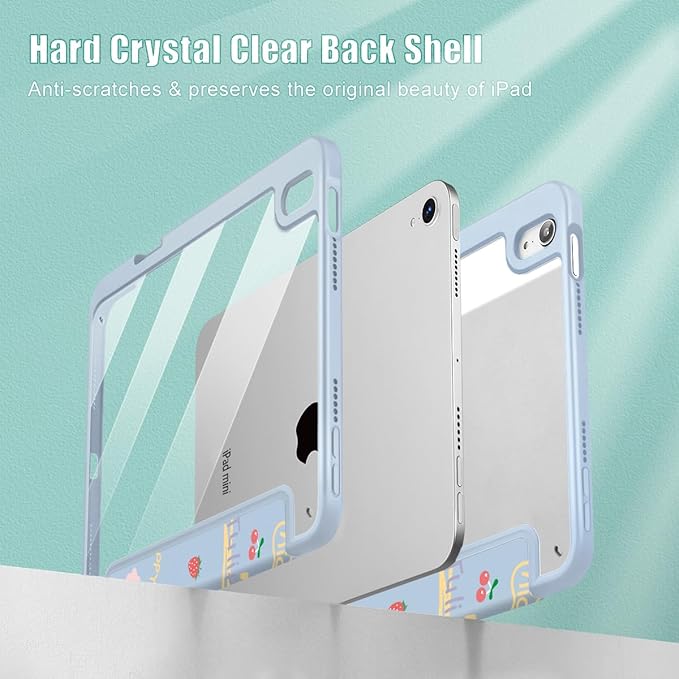 May Chen Case for iPad mini 7 (A17 Pro 7th Generation) 2024 / iPad mini 6 (6th Gen) 8.3 Inch [Built-in Pencil Holder] Shockproof Cover Clear Clear Back Shell Auto Wake/Sleep Cartoon Stick Figure