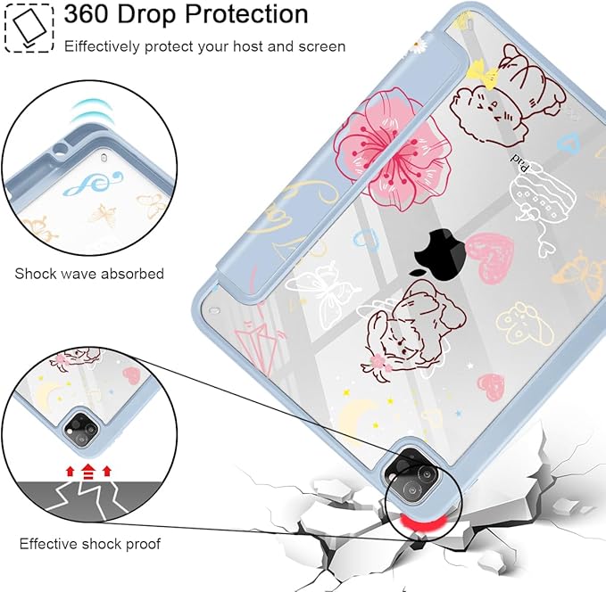 May Chen for iPad Pro 11 inch M2 4th Generation 2022 iPad Pro 11 3rd/2nd/1st Gen Case with Transparent Shockproof Back Cover [Built-in Pencil Holder Auto Sleep/Wake Blue Flower Dog