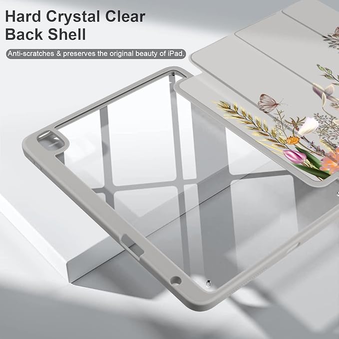 Batianda Hybrid Case for New iPad 11 2025 A16 Chip/iPad 10 2022 10.9-inch [Built-in Pencil Holder] Shockproof Cover with Clear Transparent Back Shell TPU BumperAuto Sleep/Wake Flowers
