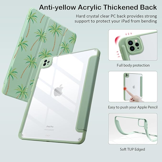 Cute Palm Tree for iPad Air 11 Inch Case 7th/6th Generation (M3/M2) 2025/2024 with Pencil Holder Auto Sleep/Wake Green Leather Clear Acrylic Back Cover