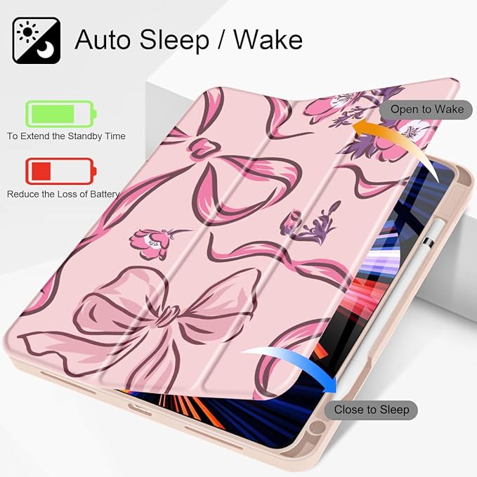 Mektron Case for M5/ M4 iPad Pro 11 inch 2025/2024 with Pencil Holder Compatible Models: A3357/A3358/A3359/A2836/A2837/A3006 Tablet Cover with Soft TPU Back CoverFlowers-Bows-Pink